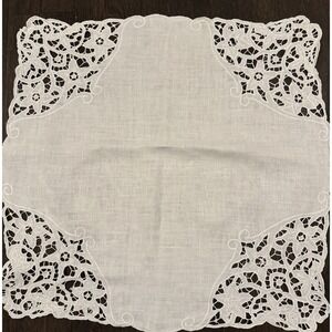 Battenburg Lace Tablecloth Square White Cotton Linen Embroidered Cutout 40"VTG